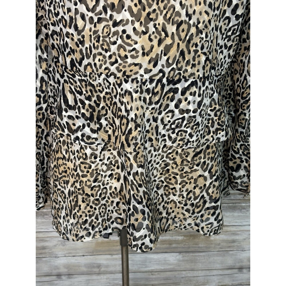 Chicos Small Leopard Print Ruffle Button Long Sleeve Sheer Top Women Size O - Picture 9 of 12